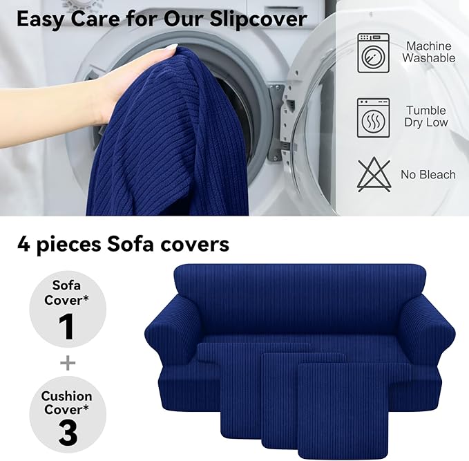 Waterproof Couch Cover 4-Piece Set Striped Sofa Slipcovers for 3 Separate T Cushion Couch - TPU Fabric Sofa Covers Leakproof Couch Protector for Kids, Pets(3 Cushion Sofa, Navy)