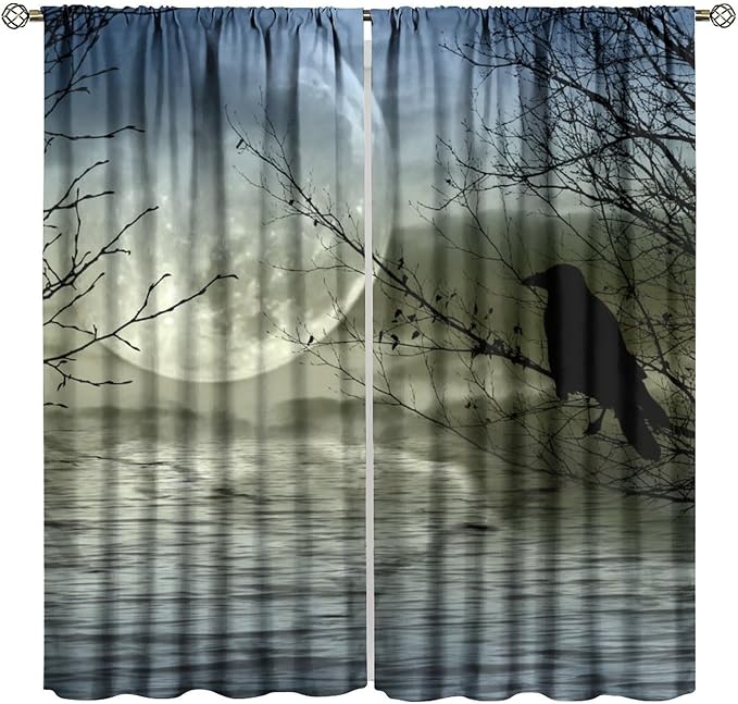 Gothic Crows Blackout Curtains, Vintage Moon Misty Tree Woodland Lake Water Raven Black Crow Retro Rustic Window Drapes, for Living Room Bedroom 21(W)*63(L) 2 Panels