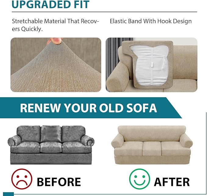 4 Piece T Cushion Sofa Slipcovers Stretch Couch Cover Furniture Covers with 3 Individual T Cushion Covers, Machine Washable for Living Room (Island Fossi, 3 Cushions)