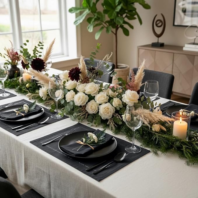 D'Moksha Homes Linen Placemats Set of 6 - Classic Hemstitch Black Placemats 14 x 19 Inch - 100% Pure Linen Table Mats for Winter, Christmas, Holiday - Handcrafted and Machine Washable