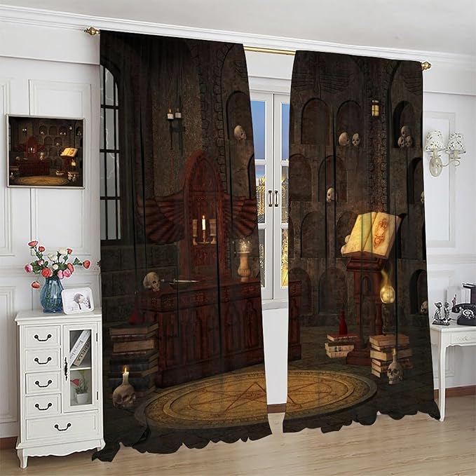 Gothic Mid Century Blackout Curtains, Medieval Castle Vintage Skulls Wall Print Window Drapes, for Living Room Bedroom 31.5(W)*72(L) 2 Panels