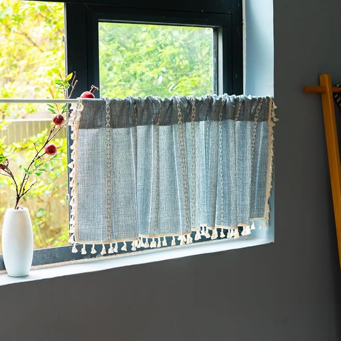 Sutuo Home Blue Boho Curtain 52W x 18L inch White Striped Light Filtering Short Valance, 1 Panel Embroidery Bohemian Farmhouse Country Kitchen Window Treatment Decor for Small Closet