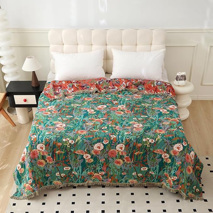 Boho Throw Blanket for Bed 100% Cotton Ultra Soft Rustic Quilt Fall Blanket Bird Floral Printed Farmhouse Decor Bed Blankets,60"×80" All Season Rustic Throw for Sofa Couch Chair