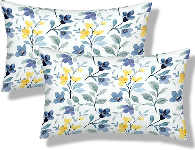 Spring Flowers Lumbar Pillow Covers 12x20 Inch Set of 2 Blue and Yellow Flower Throw Pillow Cover Vintage Plant Floral Pillowcase Cushion Cases for Home Couch Bed Sofa