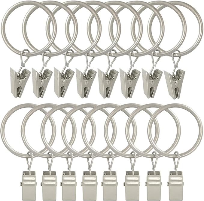 100 Pack Curtain Rings with Clips, Drapery Clip with Rings, Drapes Rings 1.26 in Interior Diameter, Fits up to 1 in Curtain Rod, Matte Silver