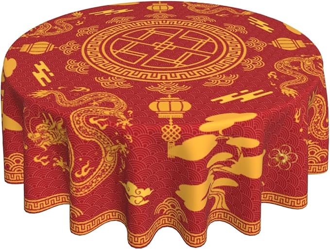 Chinese Tablecloth Round, Red Golden Traditional Zodiac Dragon Vintage Asian Style Oriental Water Resisitant Table Cover for Dining Kitchen Living Room Home Party Holiday Decor 70 inch Round