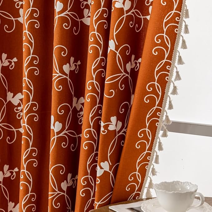 Burnt Orange Curtains Bohemian Farmhouse Curtains for Bedroom, Cotton Linen Blend Toile Curtain Printed Floral Terracotta Rustic Curtain Drapes 2 Panel 55" W x 63" L