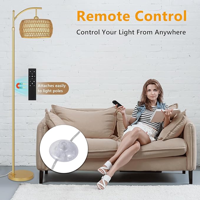 Arc Floor Lamp with 3 Color Temperatures, LED Gold Floor Lamp with Remote & Stepless Dimmable Bulb, Boho Standing Lamp with Rattan & Fabric Shades, Farmhouse Tall Lamp for Living Room Bedroom