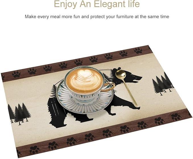 Retro Bear Placemat Set of 6, 12x18 Inch Rustic Brown Wildlife Animal Paw Print Forest Tree Farmhosue Cabin Country Lodge Coffee Table Mats for Outdoor Kitchen Dining Table Decoration