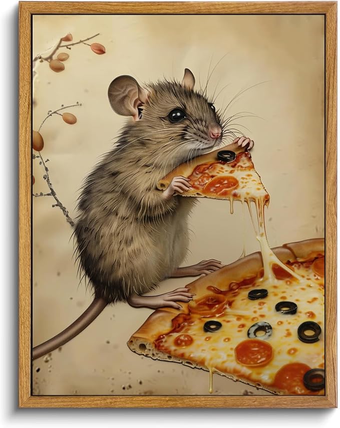Eeuqiauot Funny Kitchen Wall Art Vintage Animal Poster Mouse Poster Pizza Posters for Wall Cute Animal Paintings Mouse Retro Print Kitchen Mouse Wall Art Vintage Picture 12x16inch Unframed