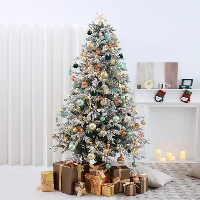 7ft Snow Flocked Prelit Christmas Tree Decorations with 300 Dual-Color LED Lights, Lighted Artificial White Xmas Tree for Indoor Decor,Living Room with 1878 Tips, Metal Stand,Plug-in