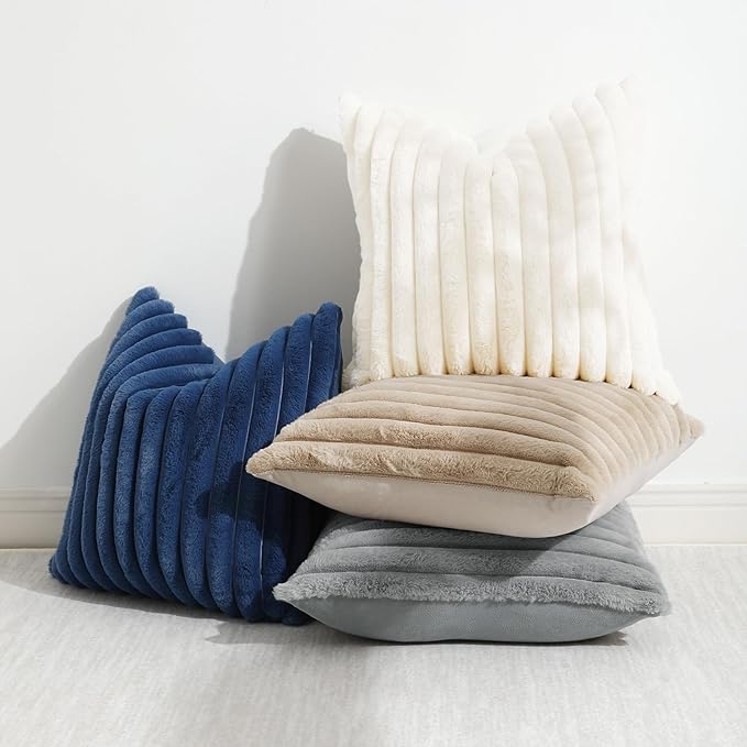 decorUhome Faux Fur Christmas Throw Pillow Covers 26x26 Set of 2, Decorative Soft Plush Striped Neutral Couch Euro Pillow Covers with Velvet Back for Sofa, Bed, Living Room Home Decor, Grey