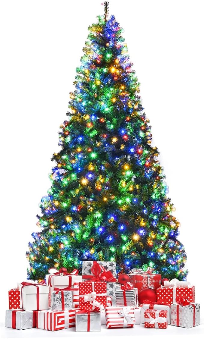 HAPPYGRILL 8FT Pre-Lit Christmas Tree with 2128 PVC Branch Tips and Foldable Base, Premium Artificial Spruce Tree Hinged Xmas Tree for Holiday Decor