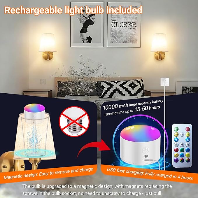 Battery Operated Wall Sconces Set of Two, Indoor Wireless Wall Mounted Lamp with 10000mAh Dimmable Bulb and Remote, RGB Colors Rechargeable Wall Light for Bedroom Living Room Decor