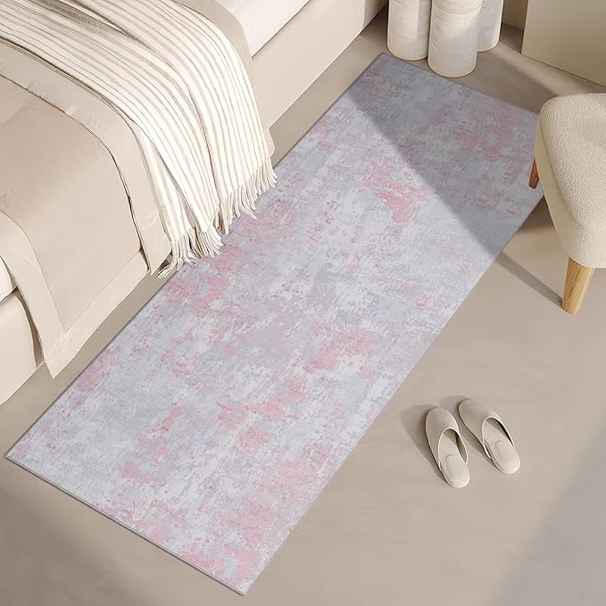 Modern Abstract 2x7 Runner Rug Washable Non Slip Stain Resistant Rug for Hallway Kitchen Bedroom Non Shedding Low Pile Indoor Floor Cover,Grey Pink