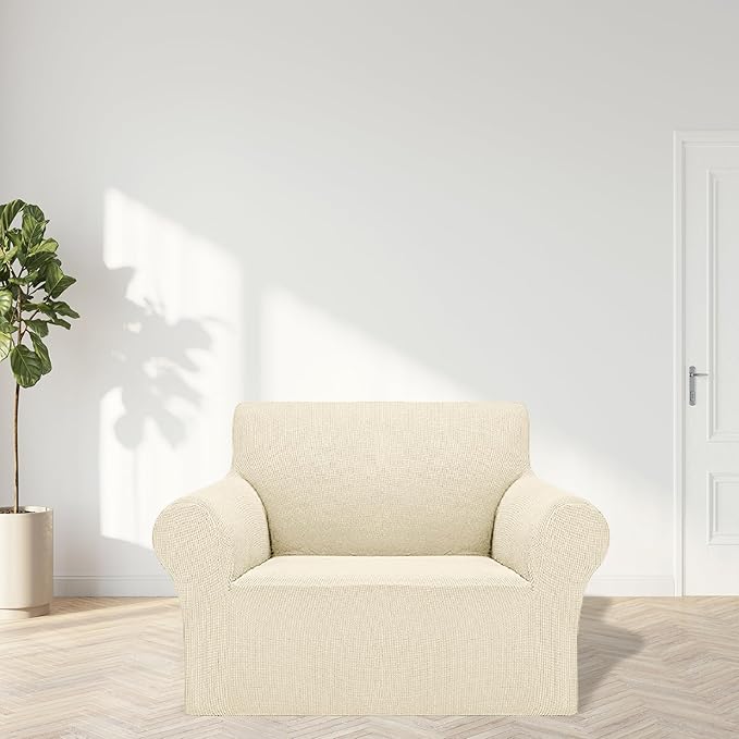 2025 New Stretch Chair Sofa Slipcovers Couch Cover for 1 Seater Furniture Protector Sofa Covers with Elastic Bottom Jacquard Fabric Small Checks for Pets, Kids - Beige