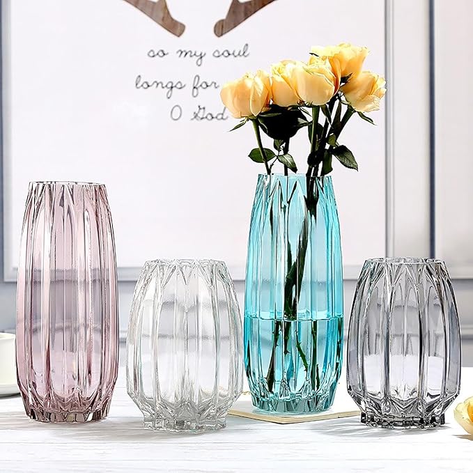 Purple Pink Ribbed Glass Vase for Flowers and Candles - Modern Centerpiece (H12.0 inch)
