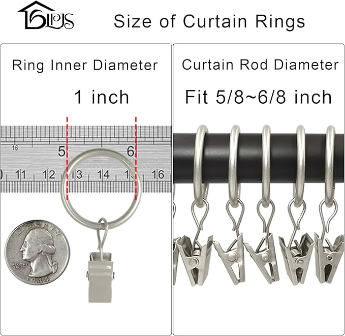 44 Pack Curtain Rings with Clips, Curtain Clip Rings Hooks, Bow Hanger Clips for Hanging Drapery Drapes Bows, Ring 1 inch Interior Diameter, Fits up to 5/8" Rod, Matte Silver