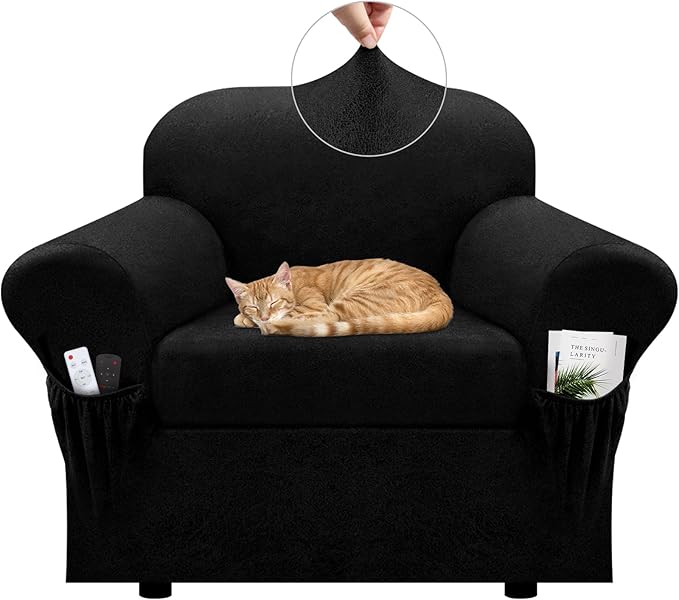 Chair Slipcover with Armrest Pockets 2-Piece Set, Stretch Faux Leather Chair Cover for Armchairs(Fits 31-45") - Non-Slip, Machine Washable, Pet & Kid Friendly - Black