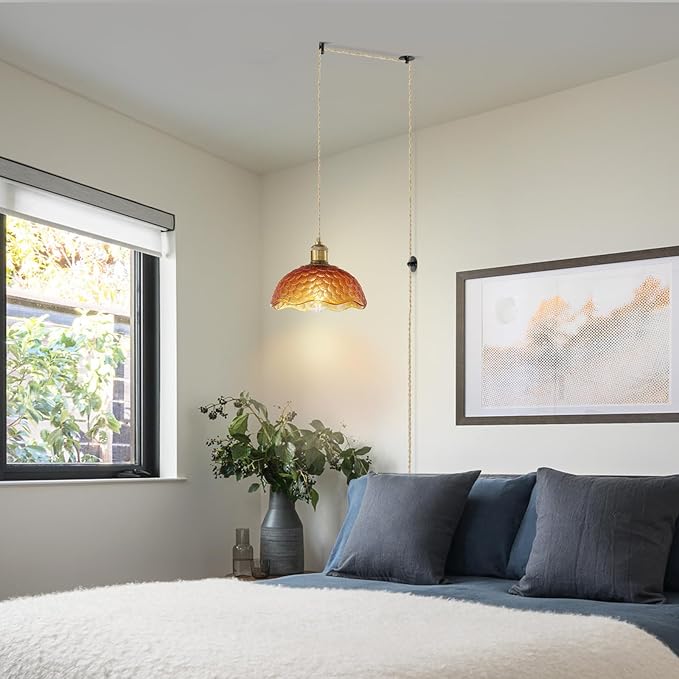Plug in Pendant Light Fixtures: Hanging Lamp Plug in Amber Scindapsus Pendant Lamp, Hanging Light for Kitchen Island, Bedroom, Dining Room, Living Room, E26 No Bulb