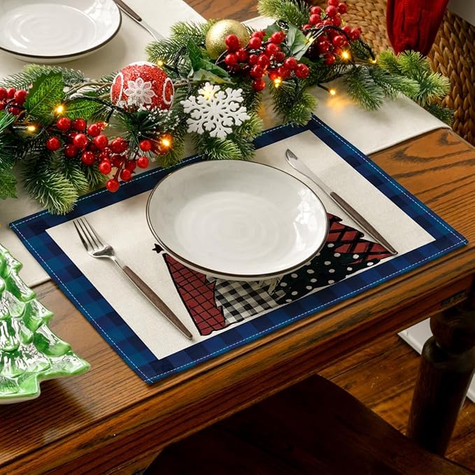 Artoid Mode Blue Waterclor Buffalo Plaid Christmas Trees Placemats Set of 4, 12x18 Inch Winter Table Mats for Outdoor Home Party Kitchen Dining Decor