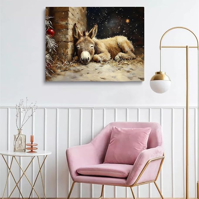Rustic Holiday Wall Art,Christmas Donkey Nativity Print,Vintage Christian Christmas Religious Prints for Church Cottagecore Decor