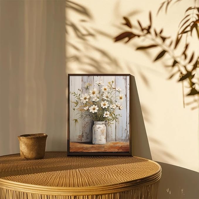 XOCUUI Vintage Canvas Wall Art, Modern Gallery Decor Print White Daisy Flower With Leaf In Bottle Theme Picture Artwork For Walls Ready for Kitchen Bedroom Decor Size 12x16