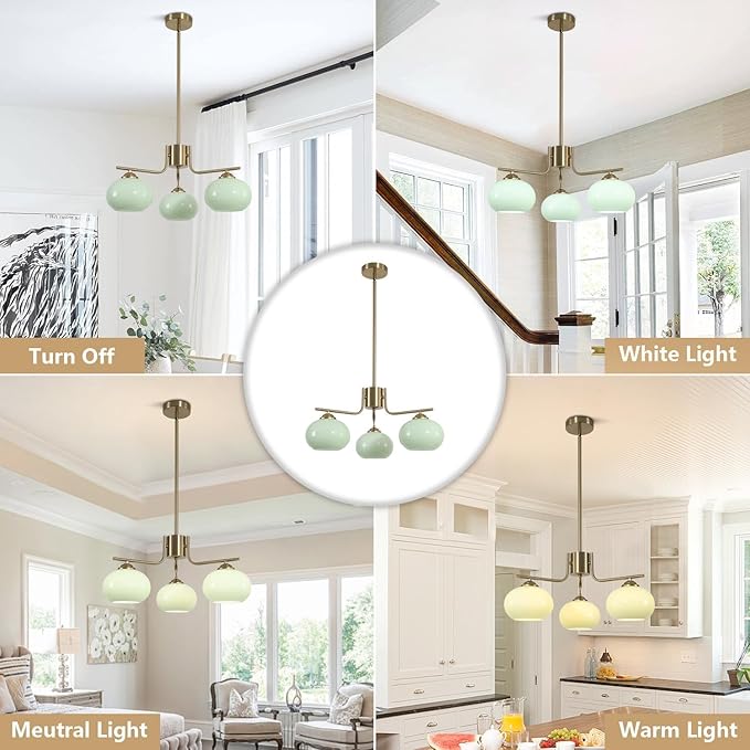 KCO Lighting Vintage Green Glass Chandelier 3 Light Globe Sputnik Chandeliers Modern Brushed Gold Chandelier Mid Century Flush Mount Chandelier Light Fixture