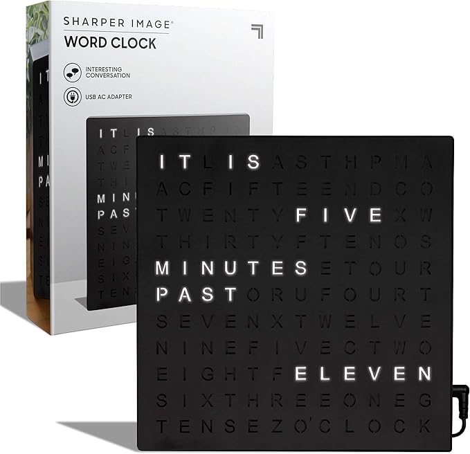 Sharper Image® LED Word Clock – 7.75" Light-Up Digital Clock for Desk & Wall| Modern Time Display Accent Clock| Unique Home Office Décor| Living Room Kitchen Bedroom| Housewarming Gift for Men & Women