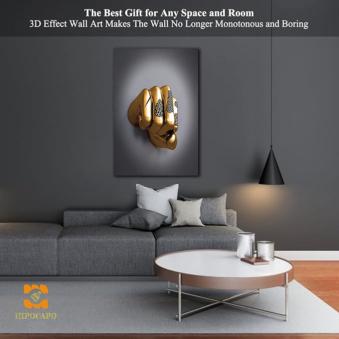3D Wall Art - Abstract 3D Metal Effect Canvas Wall Art, 3D Modern Wall Art for Office, Golden Boxer Gesture 3D Art Wall Decor for Modern Bedroom Decor Framed 24”x36”x1Pcs