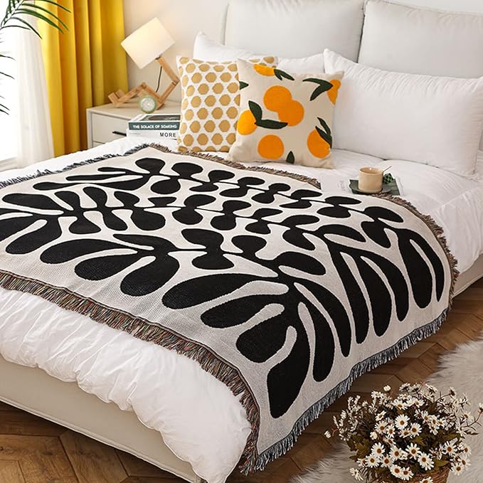 Double-Sided Cotton Woven Throw Blanket with Tassel Jungle Bohemian Style Tapestry Shawl Multi-Function Decorative Throws for Sofa Bed Armchair Camping Blanket Tablecloth Carpet 160x130cm
