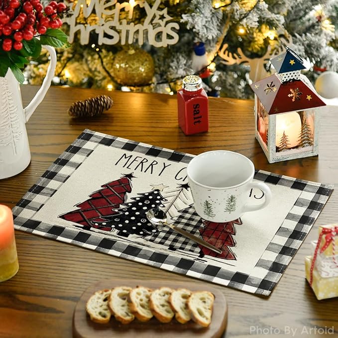 Artoid Mode Waterclor Buffalo Plaid Christmas Trees Placemats Set of 6, 12x18 Inch Winter Table Mats for Outdoor Home Party Kitchen Dining Decor