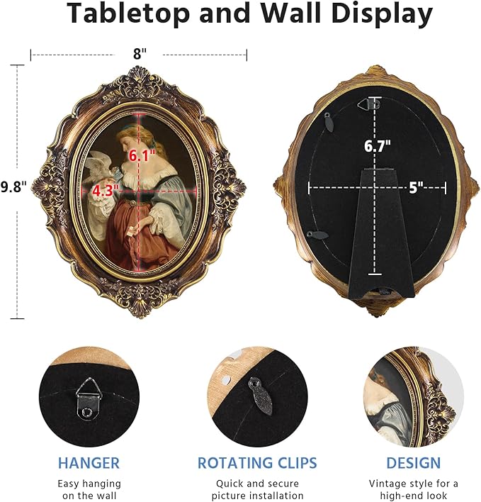 FOLKOR Vintage Wall Art Decor with Oval Picture Frame, Graceful Lady Portrait Framed Canvas Prints for Desk Wall Floating Shelf Decoration, Retro Paintings with Gold Frame for Mid-century Room, 5x7