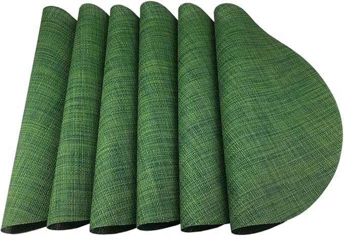 WAZAIGUR Round Placemats Set of 6 Woven Vinyl Easy to Clean Heat Resistant Kitchen Table Mats 15 Inch(Hunter Green 6)