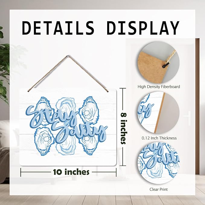 Udinaz Coastal Beach Oyster Hanging Sign, Coastal Beachy Wall Decor, Blue Stay Salty Oyster Hanging Wood Plaque Decor for Home Room Bedroom Beach House Wall Door Decorations