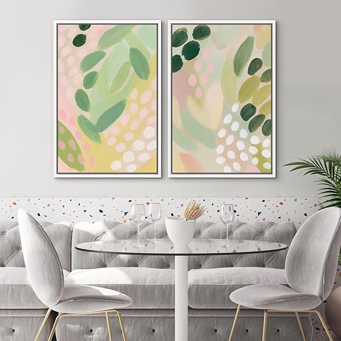 SIGNWIN Framed Canvas Print Wall Art Set Pastel Garden Rhythm Abstract Green and Pink Brushstroke Botanical Zen Bohemian for Living Room, Bedroom, Office - 16"x24"x2 WHITE