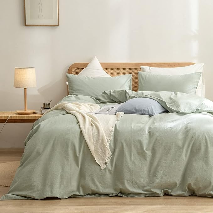 BESTOUCH Duvet Cover Set 100% Washed Cotton Linen Feel Super Soft Comfortable Chic Lightweight 3 PCs Home Bedding Set Solid Sage Green Oversized Queen