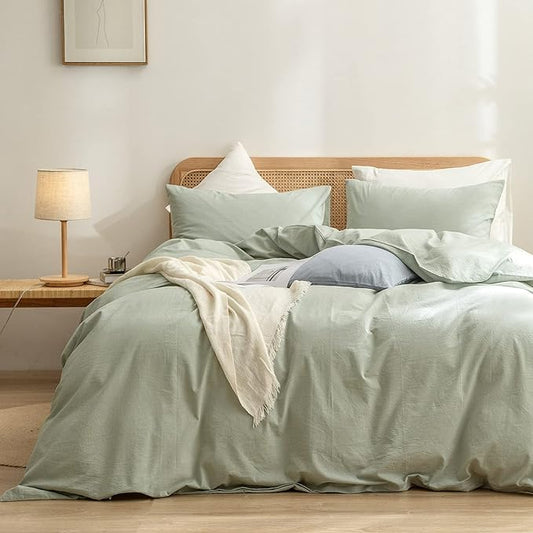 BESTOUCH Duvet Cover Set 100% Washed Cotton Linen Feel Super Soft Comfortable Chic Lightweight 3 PCs Home Bedding Set Solid Sage Green Super King Plus