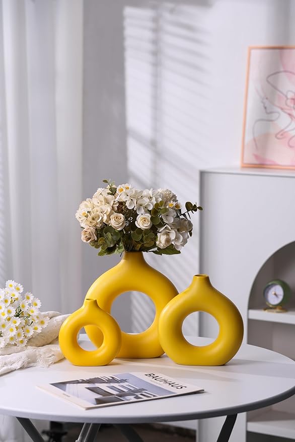 Modern Donut-Shaped Decorative Vases, Handmade Minimalist Boho ins Style, Modern Vase for Home Decor for Wedding Dinner Table Party Living Room Office Bedroom (Yellow, Small)