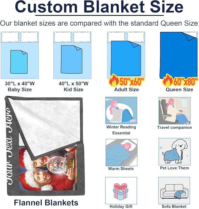 Jecivila Custom Blanket with Picture Text Personalized Photo Throw Blankets for Kids Family Dad Mom, Customized Gift for Christmas Birthday
