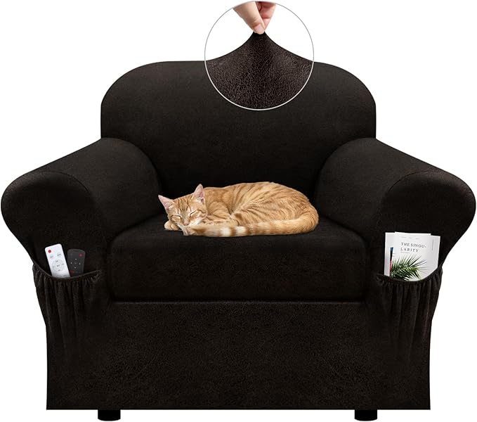 Chair Slipcover with Armrest Pockets 2-Piece Set, Stretch Faux Leather Chair Cover for Armchairs(Fits 31-45") - Non-Slip, Machine Washable, Pet & Kid Friendly - Coffee
