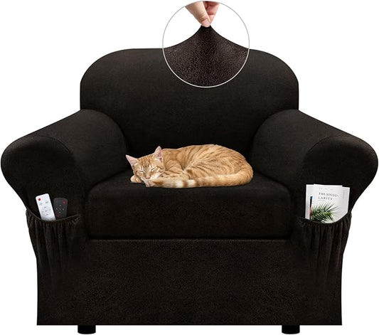 Chair Slipcover with Armrest Pockets 2-Piece Set, Stretch Faux Leather Chair Cover for Armchairs(Fits 31-45") - Non-Slip, Machine Washable, Pet & Kid Friendly - Coffee