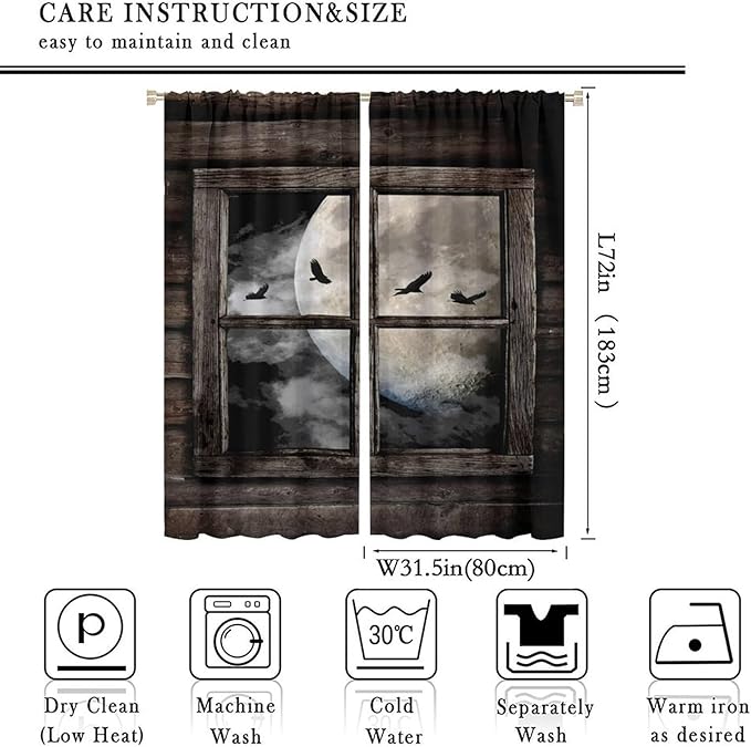 Gothic Halloween Blackout Window Curtains, Black Birds Crow Dark Print Window Drapes, for Home Kids Boys Bedroom Living Room 31.5(W)*72(L) 2 Panels