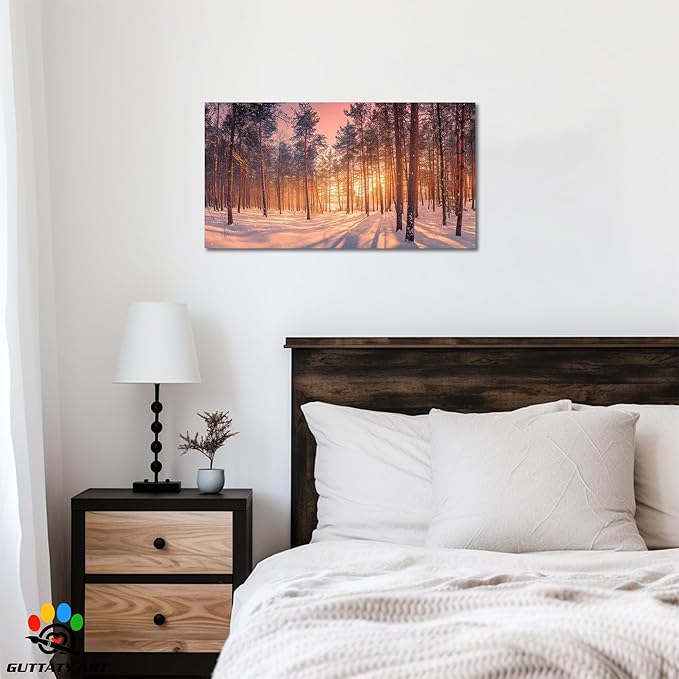 GUTTATY Christmas Winter Scene Canvas Wall Art, Snowy Forest Canvas Prints, Tranquil Sunrise Pine Forest Wall Hanging Artwork, Nature Landscape Poster for Living Room, Bedroom, 40x20 Inch