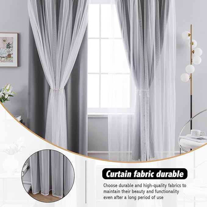 Anytime Home Curtains Blackout and Sheer Layered Solid Window Curtain Panel Pair with Grommet Top, 52Wx108L,Grey