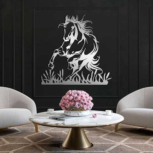 Metal Horse Wall Art, Metal Wall Art Wildlife, Running Horse Wall Art, Rustic Concise Western Horse Decor, Safari Metal Sculpture, Horse Home Decorations, Farmhouse Wall Decor (Silver, 35"x35"|90x90cm)