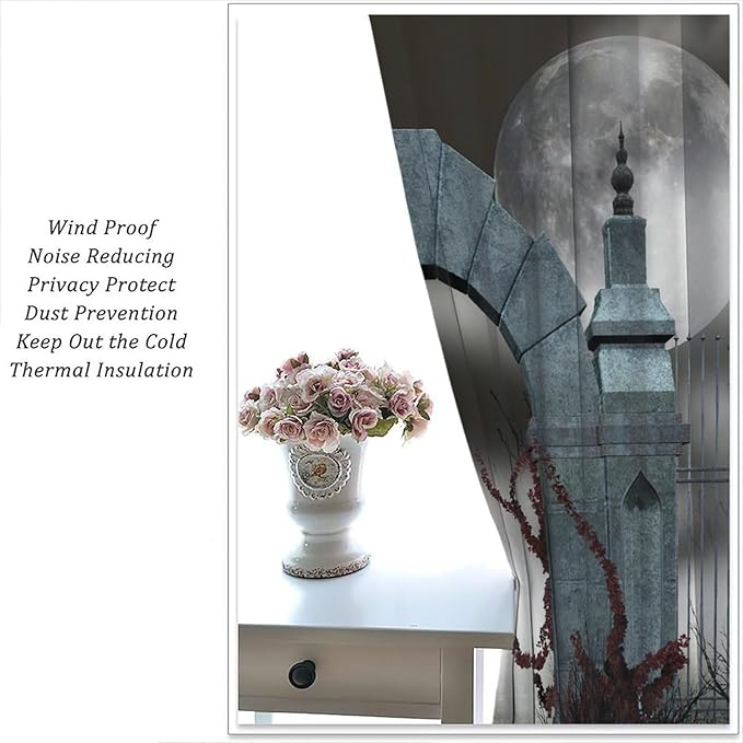 Gothic Mid Century Blackout Curtains, Scary Medieval Moon Dark Night Theme Window Drapes, for Living Room Bedroom 31.5(W)*63(L) 2 Panels