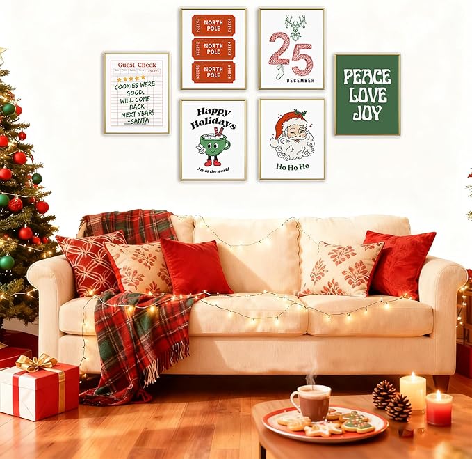 WINDVALE Retro Christmas Wall Art Prints –Vintage Holiday Posters with Santa, North Pole Tickets & Festive Quotes,Christmas Decorations for Living Room, Kitchen & Fireplace(8×10 Unframed)