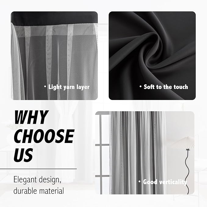 Anytime Home Curtains Blackout and Sheer Layered Solid Window Curtain Panel Pair with Grommet Top, 52Wx63L,Black