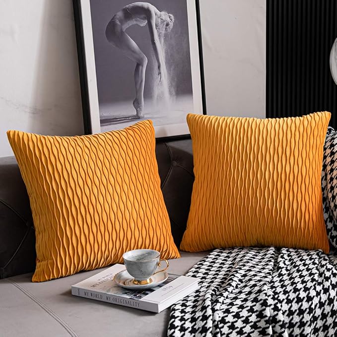 Fall Golden Yellow Couch Pillow Covers: 2 Pack 20x20 Inch Original Striped Velvet Square Throw Pillow Cases for Farmhouse Home Decor